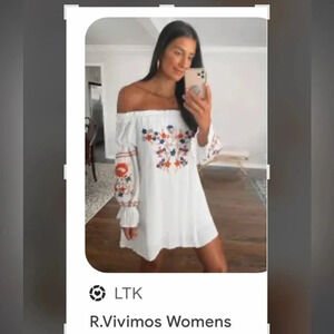 R.Vivimos crinkle embroidered,balloon sleeve dress, off shoulders,coastal,boho